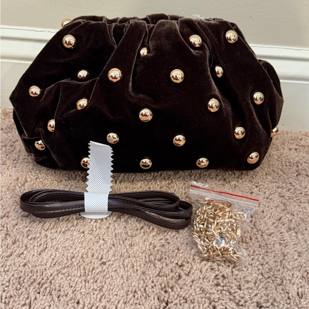 NWT new Anthropologie studded Velvet Clutch brown gold Gold crossbody purse bag - Picture 3 of 15